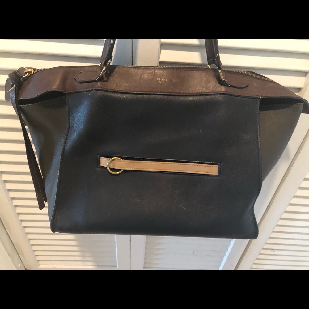 CELINE Navy Blue Tri-Color Leather Small Ring Bag